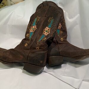 JB Dillon cowboy embroidered boots, teal and gold. Size 9 1/2.